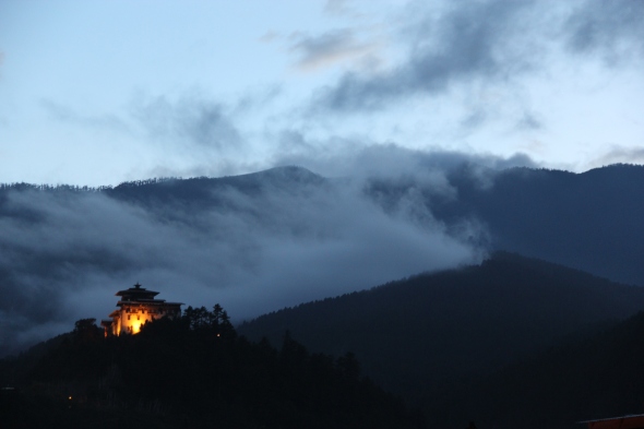 The fortress Jakar Dzong or the “Castle of the White Bird" in Bumthang at night.